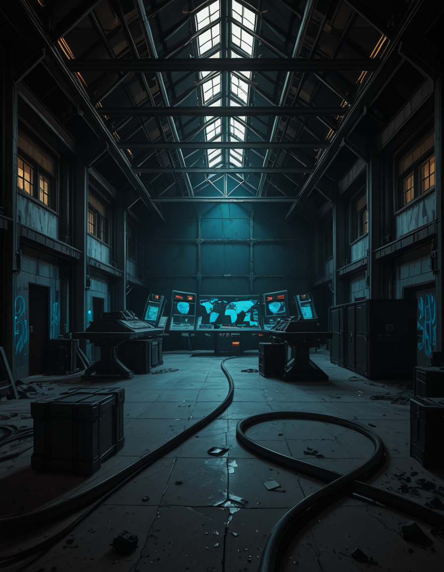 A dark, abandoned warehouse transformed into a villain's secret lair. The structure is massive and industrial, with rusted steel beams, shattered windows, and crumbling concrete walls covered in old graffiti. The floor is dusty and cracked, with scattered debris and oil stains. Dim red and blue lights glow from hidden sources, casting eerie, atmospheric shadows throughout the space. In the center, a high-tech command station glows with holographic maps, control panels, and futuristic computer screens. Advanced equipment, weapons racks, and strange scientific devices are neatly arranged on steel tables. Thick black cables snake across the floor and dangle from the ceiling. Makeshift metal dividers and reinforced crates create hidden zones for operations and storage. The setting is cinematic, mysterious, and tense, with dramatic lighting, high contrast between dark corners and glowing tech, and a realistic, moody art style â like a scene from a dystopian sci-fi thriller. No people or figures are present. 
<lora:SDXLFaeTastic2400:0.4> <lora:extremely_detailed:0.4> extremely detailed,villain secret l41r, <lora:villain_secret_l41r-i:1>, Masterpiece,best quality,hi res,8k,hi res,8k,award winning,(sharp focus, intricate, highly detailed),
