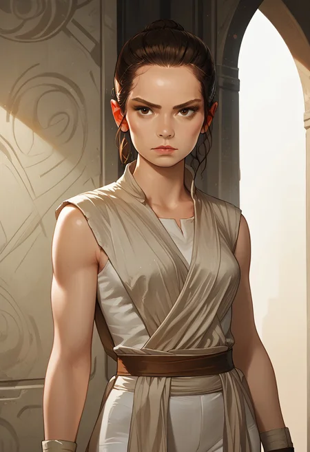 score_9, score_8_up, score_7_up, score_6_up,
1 girl , big eyes, 1 gorgeous girl)
Rey, 1girl,  solo, brown hair, brown eyes,
sleeveless, jedi, white cloth, white pants, bandages,
standing in front of the viewer,
portrait picture