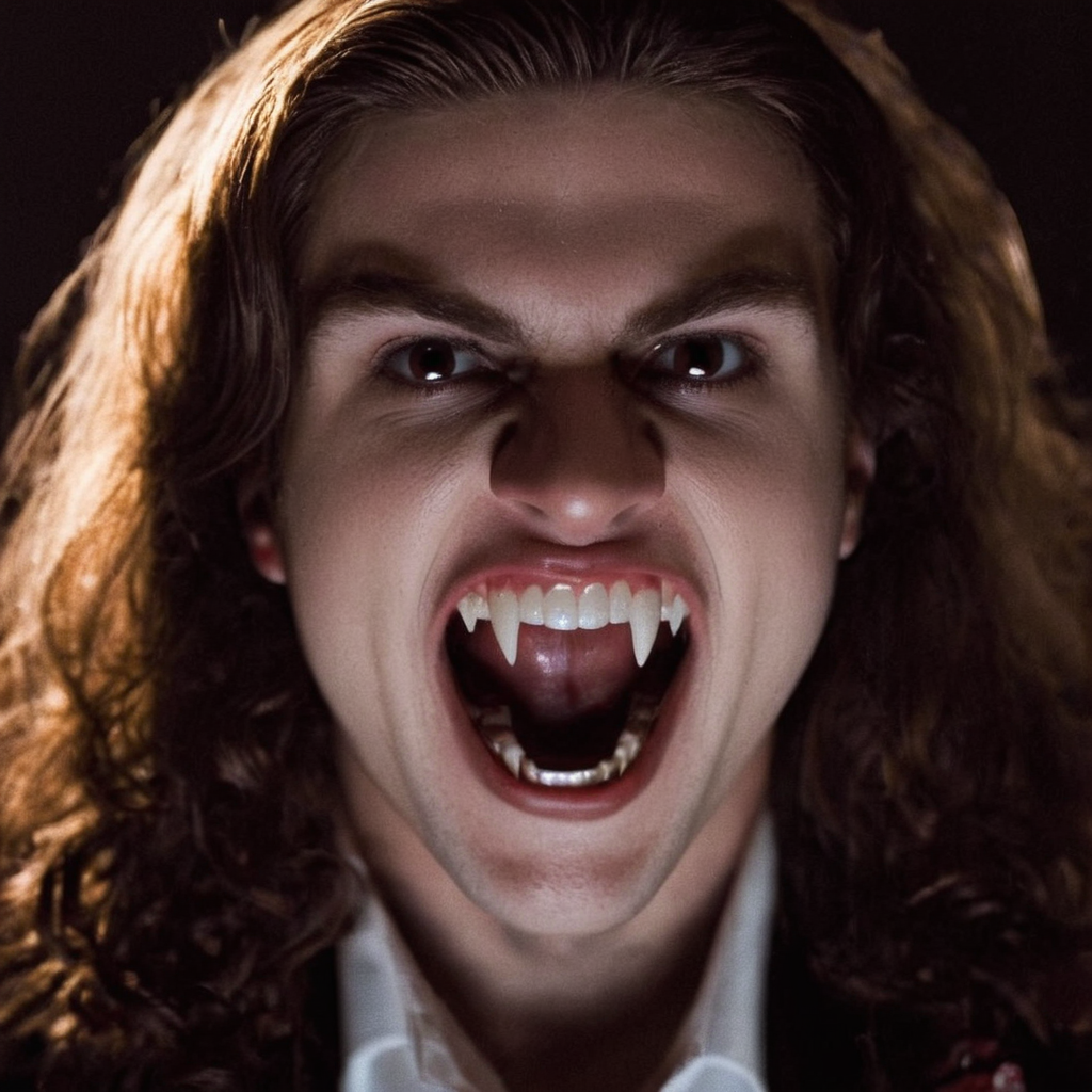 cinematic film still of  <lora:perfection style:0.5> perfection style
 <lora:fang:0.8>
vampire fangs teeth a woman with a very big grin on her face, scary, thriller, horror style, gothic movie themed, sharp, detailed, epic cinematic photography, artistic, creative, dramatic light, cinematic color style, Kodak film style, vampire fangs teeth style, vampire teeth style, vampire fangs style, 1girl, solo, long hair, looking at viewer, open mouth, simple background, brown hair, teeth, tongue, tongue out, fangs, black background, portrait, realistic, blonde hair, 1boy, closeup, shallow depth of field, vignette, highly detailed, high budget, bokeh, cinemascope, moody, epic, gorgeous, film grain, grainy