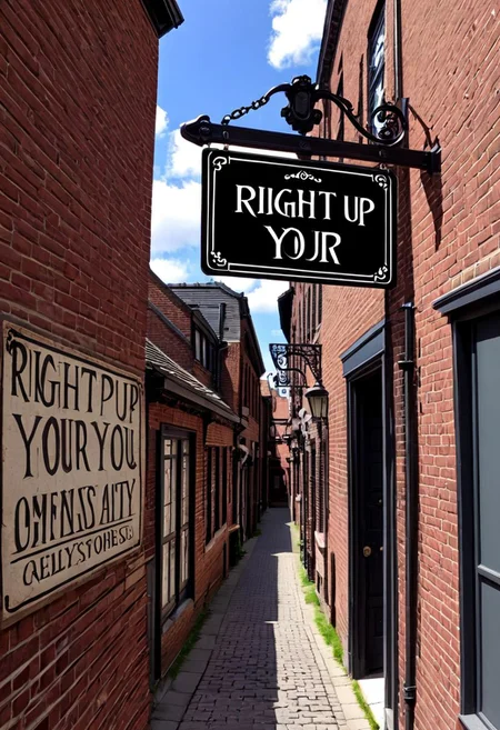 a sign saying "right up Your" hanging over a brick allyway. in a fantasy city.