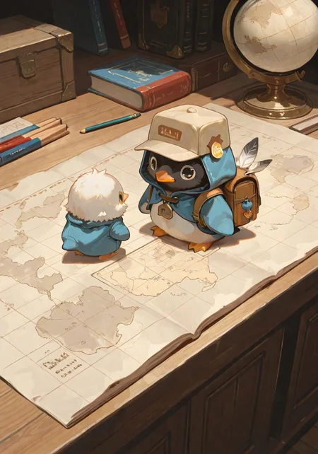 masterpiece, newest, absurdres, incredibly absurdres, best quality, amazing quality, very aesthetic, newest, no lineart, no outline, no humans, animal, A full-body portrait of a cute baby penguin dressed as a little traveler, with fluffy feathers and big round eyes, wearing a miniature hooded cloak and a small explorer's cap. The penguin is holding a large map almost as big as itself, and has a tiny backpack filled with rolled-up maps, pencils, and other exploration tools. A tiny globe-shaped charm dangles from the map. The penguin stands on a rocky surface with a curious and determined expression, ready for an adventure,
depth of field, usnr, S4bit4mago_illu