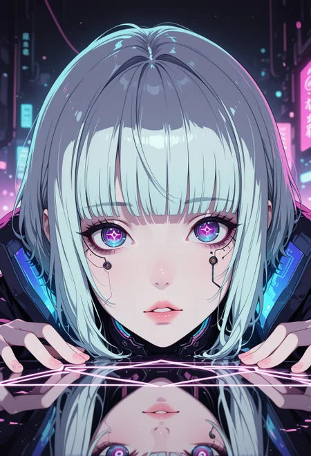 <lora:ck-nc-cyberpunk-IL-000011:0.33>,  masterpiece, best quality, good quality, very aesthetic, absurdres, newest, 8K, depth of field, focused subject, dynamic ange, white pale ceramic wabi-sabi cyberpunk (woman:0.6), looking mysteriously at the viewer, parted lips, direct eye contact. holographic reflections of a (pentagram) in their eyes, (bioluminecent glow:0.8),
in the style of cknc,
<lora:MoriiMee_Gothic_Niji_Style_Illustrious_r1:0.2>
<lora:ck-neon-retrowave-IL:0.60>
<lora:ck-shadow-circuit-IL:0.55>
 <lora:ck-Sommo-Concept-Art-IL:0.4>