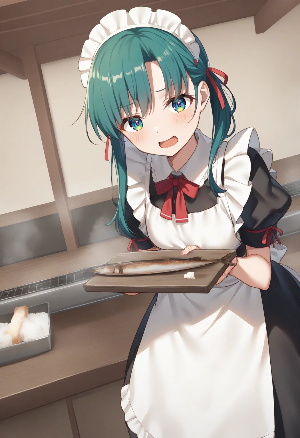 1girl,sincos, ningen mame, toosaka asagi,solo,medium breasts,20yo,maid,maid headdress,
saury, fish, apron, food, tray,holding tray,indoors, <lora:saury_XL_v1:0.8>
ceiling, wide shot, looking ahead, aqua hair, pink eyes,smug face, open mouth, bowl cut hair,,
best quality, very aesthetic, absurdres