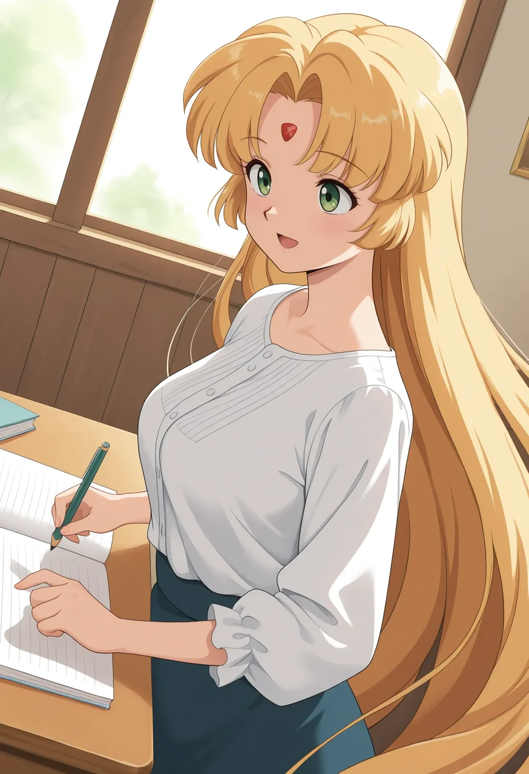 TwiSprAdu, 1girl, solo, upper body,
dutch angle, desk, indoors, day, room, looking at another, holding pencil, notebook,
blonde hair, very long hair, parted bangs, forehead mark, green eyes, breasts, smile, open mouth,
alternate costume, blouse, long skirt,
best quality,amazing quality,very aesthetic,absurdres
<lora:TwiSprAdu:1>