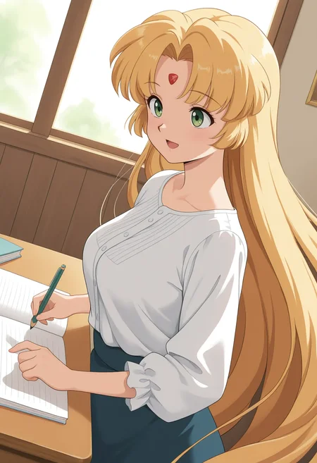 TwiSprAdu, 1girl, solo, upper body,
dutch angle, desk, indoors, day, room, looking at another, holding pencil, notebook,
blonde hair, very long hair, parted bangs, forehead mark, green eyes, breasts, smile, open mouth,
alternate costume, blouse, long skirt,
best quality,amazing quality,very aesthetic,absurdres
<lora:TwiSprAdu:1>