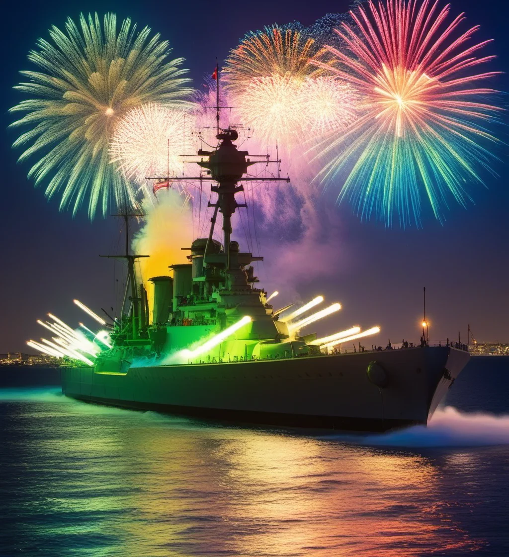 battleship, fireworks, neon light, light painting, <lora:BATTLESHIP:0.7>