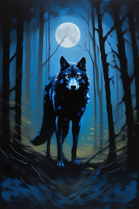 A were wolf lurks in a dimly lit forest as a pale full moon looms in the sky, the painting carries a sense of foreboding and danger, black and blue theme
BREAK 
Cinematic angle, unique perspective, dramatic lighting