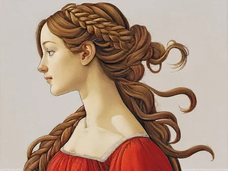 Botticelli style, 1girl,solo,long hair,brown hair,dress,upper body,braid,from side,profile,traditional media, red dress<lora:botticelli-SDXL:0.5>