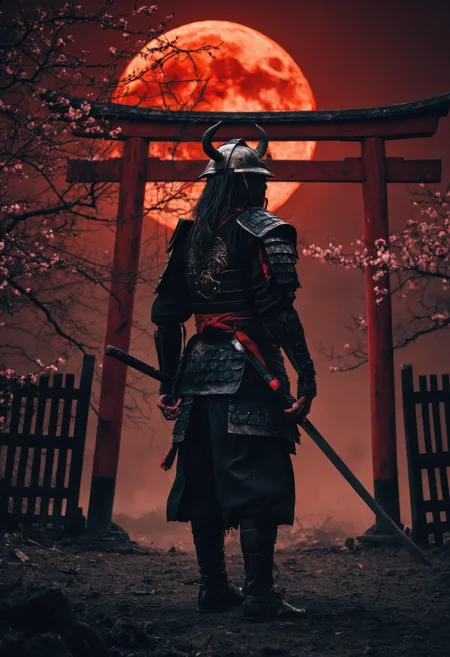 Ultra-detailed fantasy realism scene of a lone samurai standing solemnly before a decaying red torii gate beneath a massive blood moon, his shadow stretching long across cracked, barren ground, wearing a fearsome kabuto helmet with a horned crest, the battle-worn metal scarred and aged, his armor adorned with drifting cherry blossomsâsome suspended mid-air, others clinging to him like ghostly remnants, holding a single katana that reflects the blood moon's crimson light along its razor-sharp edge, the gateâs peeling paint revealing ancient splintered wood, the eerie red glow of the moon casting an unnatural hue over the scene, atmosphere thick and foreboding, sky pulsing with dark energy, blending traditional samurai aesthetics with dark mythology and apocalyptic surrealism, cinematic lighting and moody textures enhancing the nightmare-like intensity