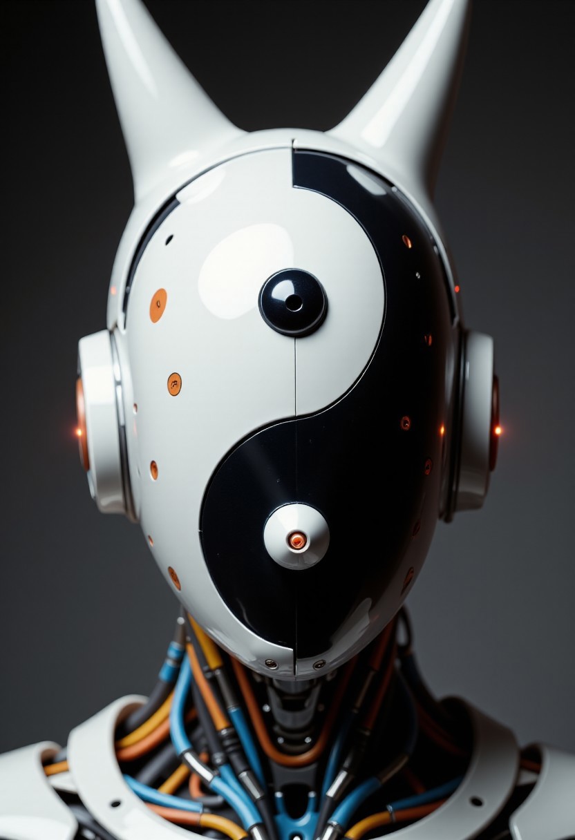 Extreme intricate cinematic head closeup, ajpasbot, faceless android with bunny ears, designed in the style of ckfa. The android’s head is a perfectly smooth, featureless porcelain surface, shaped with a flowing black-and-white yin/yang pattern that curves organically across the dome of the head. No eyes, no mouth—just the glossy surface of a symbolic design. The white half is adorned with positive emoji icons like 😊❤️🌸🎉🌞✨, delicately integrated into fine orange-and-white Asian floral patterns. The black half swirls with negative emoji icons like 💔☠️😢💣😠🌧️, rendered in dark, moody inkwash motifs. Each emoji is intricately painted or subtly embossed, blending into the curves of the porcelain like sacred marks. The entire head glows faintly under atmospheric light, creating a deeply cinematic and symbolic effect. Background is soft-focused for emotional depth.