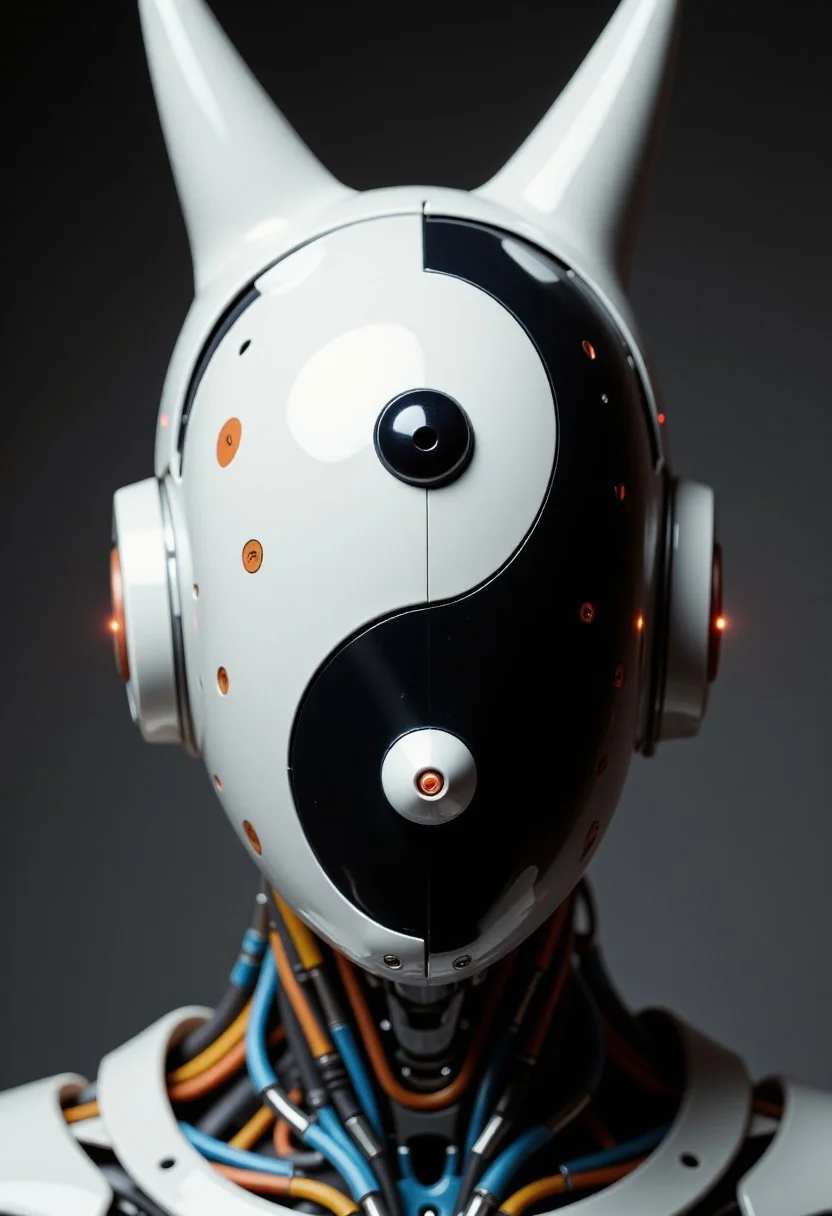 Extreme intricate cinematic head closeup, ajpasbot, faceless android with bunny ears, designed in the style of ckfa. The android’s head is a perfectly smooth, featureless porcelain surface, shaped with a flowing black-and-white yin/yang pattern that curves organically across the dome of the head. No eyes, no mouth—just the glossy surface of a symbolic design. The white half is adorned with positive emoji icons like 😊❤️🌸🎉🌞✨, delicately integrated into fine orange-and-white Asian floral patterns. The black half swirls with negative emoji icons like 💔☠️😢💣😠🌧️, rendered in dark, moody inkwash motifs. Each emoji is intricately painted or subtly embossed, blending into the curves of the porcelain like sacred marks. The entire head glows faintly under atmospheric light, creating a deeply cinematic and symbolic effect. Background is soft-focused for emotional depth.