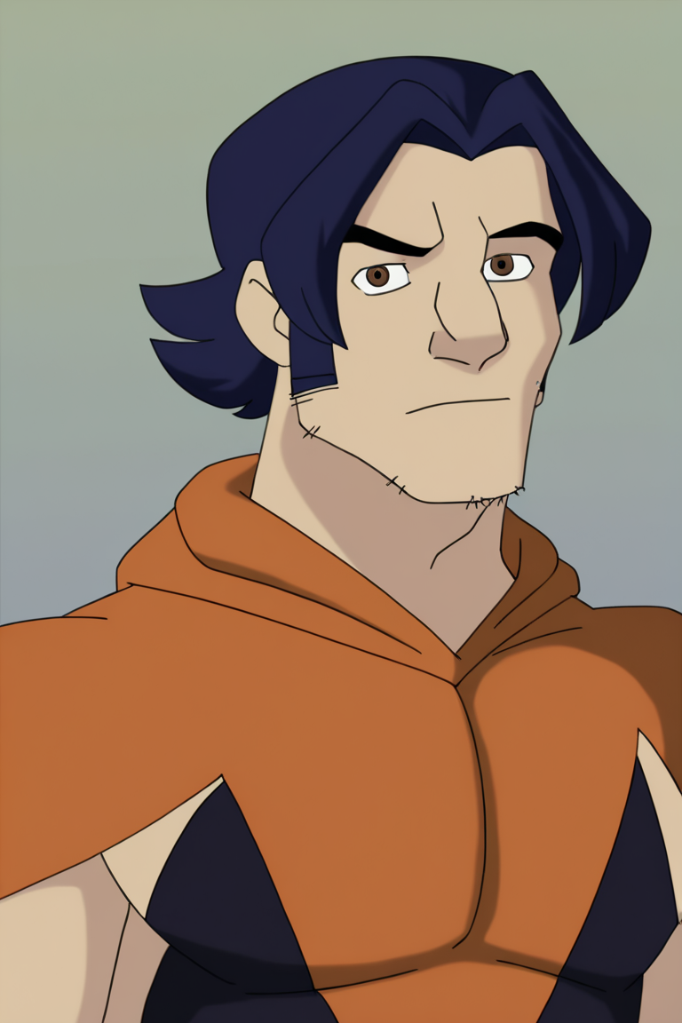 masterpiece, best quality, highres, newest, logan, wolvevo, 1boy, solo, male focus, mature male, short hair, dark blue hair, brown eyes, thick eyebrows, facial hair, stubble, sideburns, hood down, bodysuit, orange bodysuit, black bodysuit, two-tone bodysuit, short sleeves, muscular, looking at viewer, standing, close-up, portrait, upper body, simple background <lora:Wolverine (Logan) X-Men Evolution (First Suit+Unmasked) v1.1 [LoRA] - NoobAI-XL EPS 1.0:0.8>