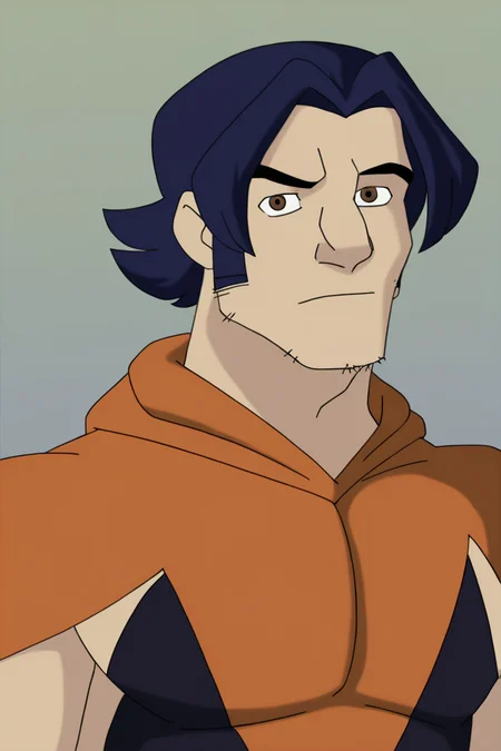 masterpiece, best quality, highres, newest, logan, wolvevo, 1boy, solo, male focus, mature male, short hair, dark blue hair, brown eyes, thick eyebrows, facial hair, stubble, sideburns, hood down, bodysuit, orange bodysuit, black bodysuit, two-tone bodysuit, short sleeves, muscular, looking at viewer, standing, close-up, portrait, upper body, simple background <lora:Wolverine (Logan) X-Men Evolution (First Suit+Unmasked) v1.1 [LoRA] - NoobAI-XL EPS 1.0:0.8>
