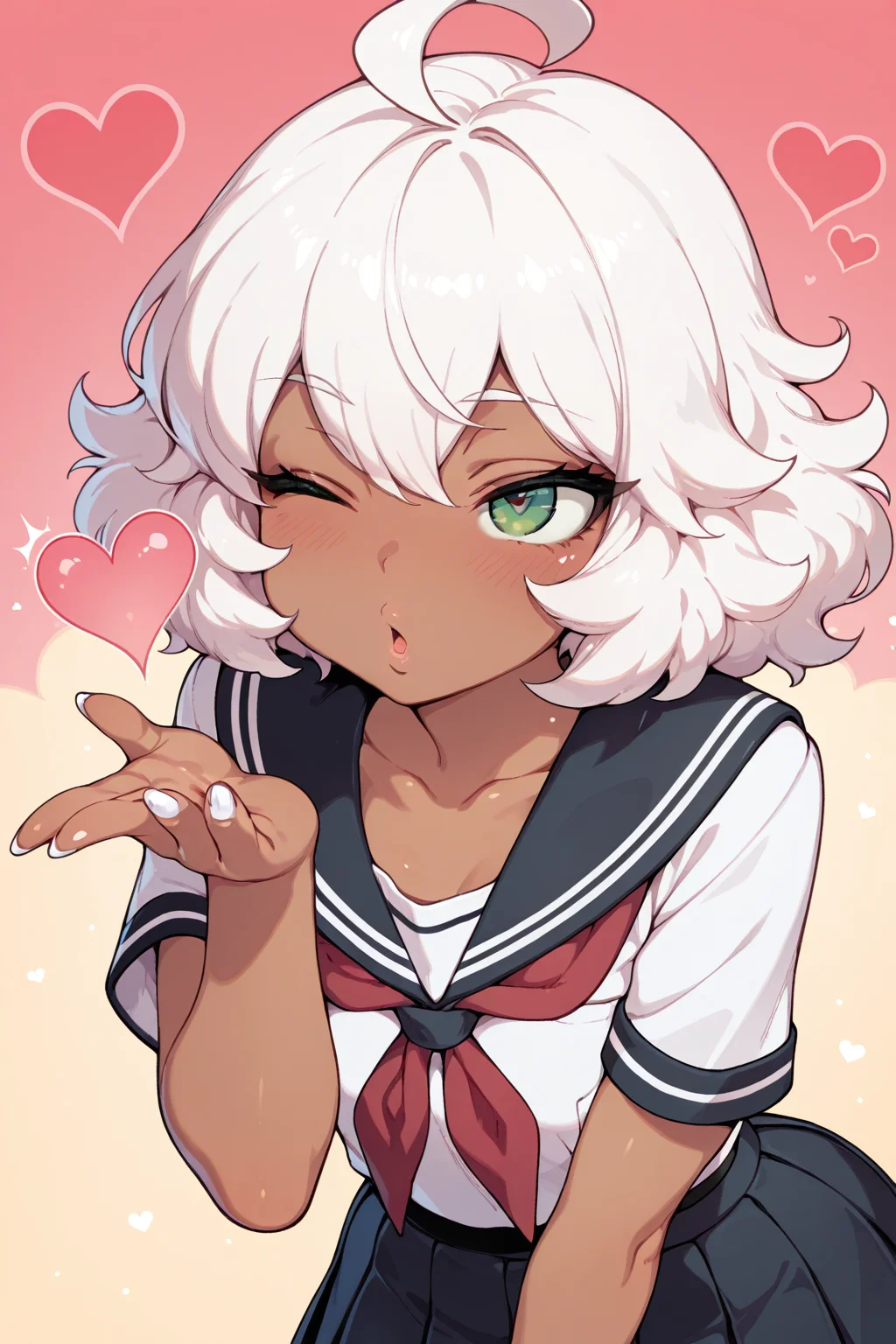 masterpiece, best quality, amazing quality, 1girl, solo, ahoge,school uniform,blowing kiss,collarbone,dark skin,fluffy hair,green eyes,heart,kiss day,leotard,one eye closed,open mouth,white hair,white nails, pleated skirt