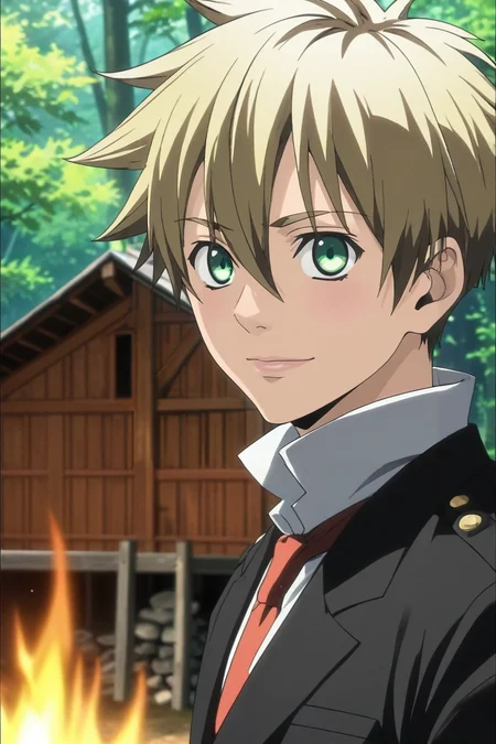 score_9, score_8_up, score_7_up, source_anime, rating_safe, intricate details, (photorealistic:0.6), , depth of field, 1boy, solo, male focus, <lora:liberta_arcana_famiglia_pony:1>, liberta_arcana_famiglia, blonde hair, green eyes, short hair, hair between eyes, symmetry, cabin, forest, campfire, dawn, floating, laughing, ranger costume, <lora:sdxl_lightning_8step_lora:1>