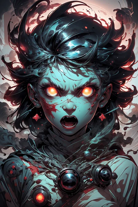 glowing eyes, glow, rage transformation, (red eyes:1.2), (rage:1.2), psycho, (madness:1.2), (angry:1.4), wide-open eyes, (blood:1.2), bloody face, 
<lora:more_details:0.4>
 <lora:Cosmic anime-oil fusion v2:0.45> 
<lora:AnimeVibesV3:0.3> animevibes, 
<lora:3DMM_V11:0.5> 3DMM 
<lora:midjourney_20230624181825:0.45> midjourney ,
 <lora:LAS:0.2> cloud,colorful,
<lora:msw_locon-t2:0.6>
 <lora:wuxia2:0.5> gu,
 <lora:CyberpunkStyleV1:0.2> PunkAI,
 <lora:CelestialSkin2:0.6> dark celestialskin body, void cosmic body,, shiny, shiny hair, shiny skin, shiny clothes