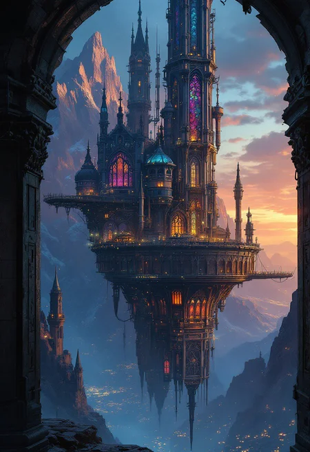 warhammer 40k, dark sci-fi, Image is a dark, gritty, and futuristic digital artwork featuring the suspended city of Icenholm on the planet Sepheris Secundus, inspired by Warhammer 40k's dark sci-fi aesthetic. The central focus is the towering, Gothic-inspired structure with intricate detailing, now adapted to incorporate industrial machinery and imperfections, characteristic of the grim darkness of the far future. The color palette remains vibrant, but with a darker, more ominous tone, dominated by blues, purples, and oranges, evoking a sense of unease and tension. The city's intricate architecture hangs precariously between majestic mountain peaks, its stained glass panels reflecting a galaxy of colors, illuminated by countless twinkling lights at night. The artwork is framed by a worn, industrial arch-like border, adding to the dark, industrial composition.aidmaMJ6.1,aidmaimageupgrader,Midjourney_Whisper