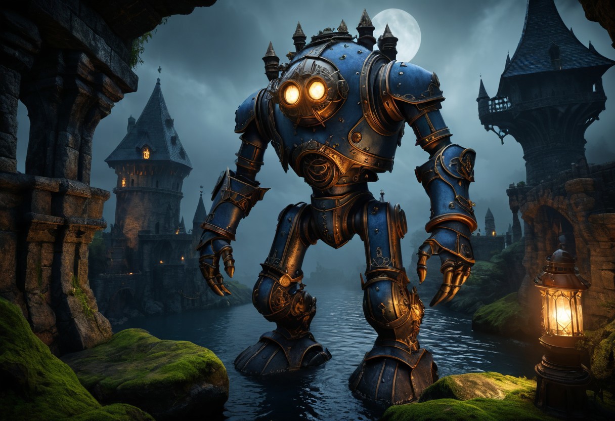 giant bipedal robot dirty slate blue and dark amber, bronze paisley robot. lacy robot diving helmet head. outside of a steampunk keep. large detailed torso. dark image. one forty foot tall ancient robot with great arms and two heavy spring legs. dark foggy night background. $dark foggy night image only. dark photo realistic image. steampunk details. cogs, chains and pipes incorporated in the fantasy buildings. magic wizards tower in background. Dark swamp, moss, castle ruins, wizards tower. stormy dark night.