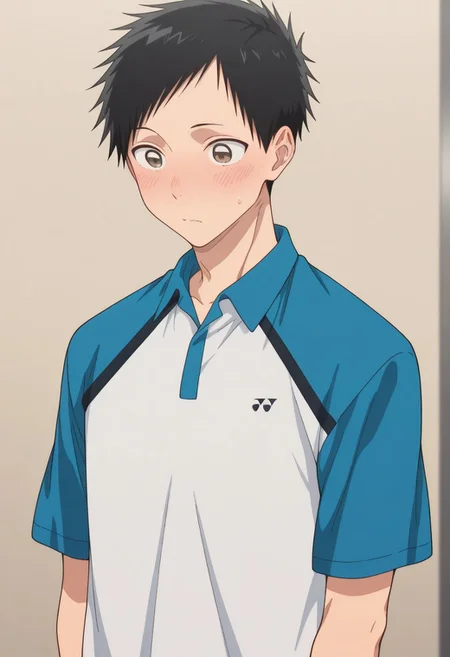 masterpiece,best quality,amazing quality,
taikinomata, 1boy, male focus, solo, brown eyes, black hair, short hair, sportwear, shirt, polo shirt, short sleeves, raglan sleeves, blue shirt, white shirt, multicolored shirt, blush,