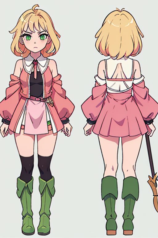 anime girl, blonde, long braid hair, serious face, goth, short pink dress, green boots, wristbrand, hunter, medieval fantasy, thighs, green eyes.  black mini shorts, short slleve. simples background, model sheet, chara-sheet
