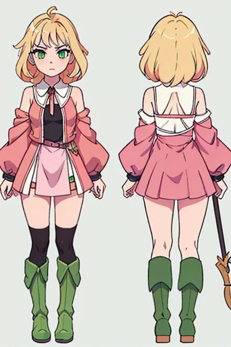 anime girl, blonde, long braid hair, serious face, goth, short pink dress, green boots, wristbrand, hunter, medieval fantasy, thighs, green eyes. black mini shorts, short slleve. simples background, model sheet, chara-sheet