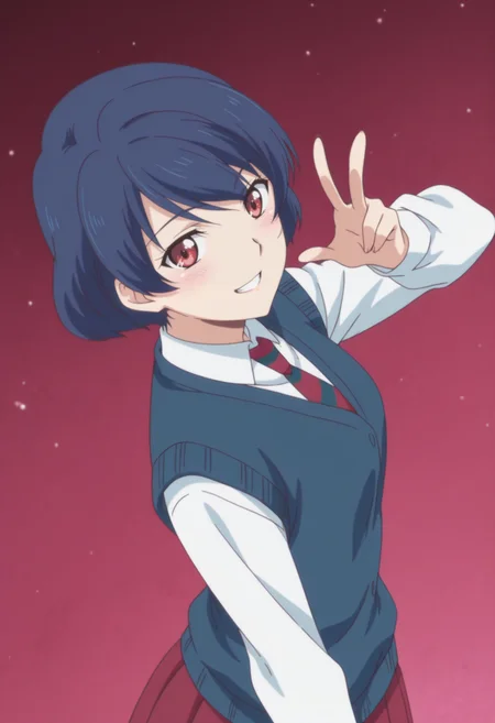 anime screencap, anime coloring, 1girl,  solo,   <lora:DX888Tachibana:1>  tachibana rui, red eyes, blue hair, short hair, school uniform, white shirt, sweater vest, long long sleeves, blue vest,  white shirt, striped necktie, red skirt, BREAKred background, marble background, BREAK dutch angle,  from above, from side, dynamic pose, posing,  , grin,blush,     w, upper body,
