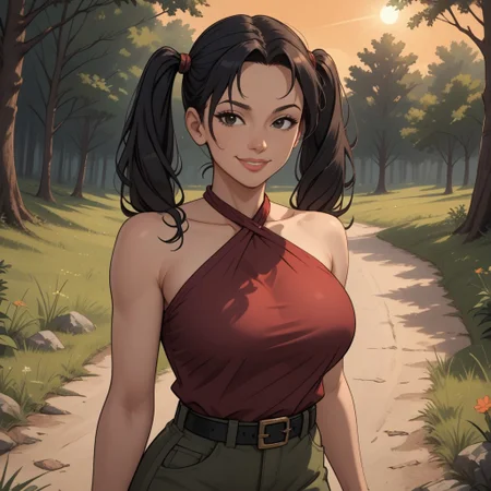 score_9, score_8, BREAK, solo, black hair, twintails, black eyes, long hair, lips, burgundy red shirt, halterneck, green short, black belt, burgundy red sandals, Heather_(Total_DramaRama), cute, tall, adult female, mature female, big breasts, sexy pose, self portrait, smile, looking at viewer, outdoors, sunlight, shadows, evening lighting, natural lighting, forest, trees, grass, orange sky, sunset