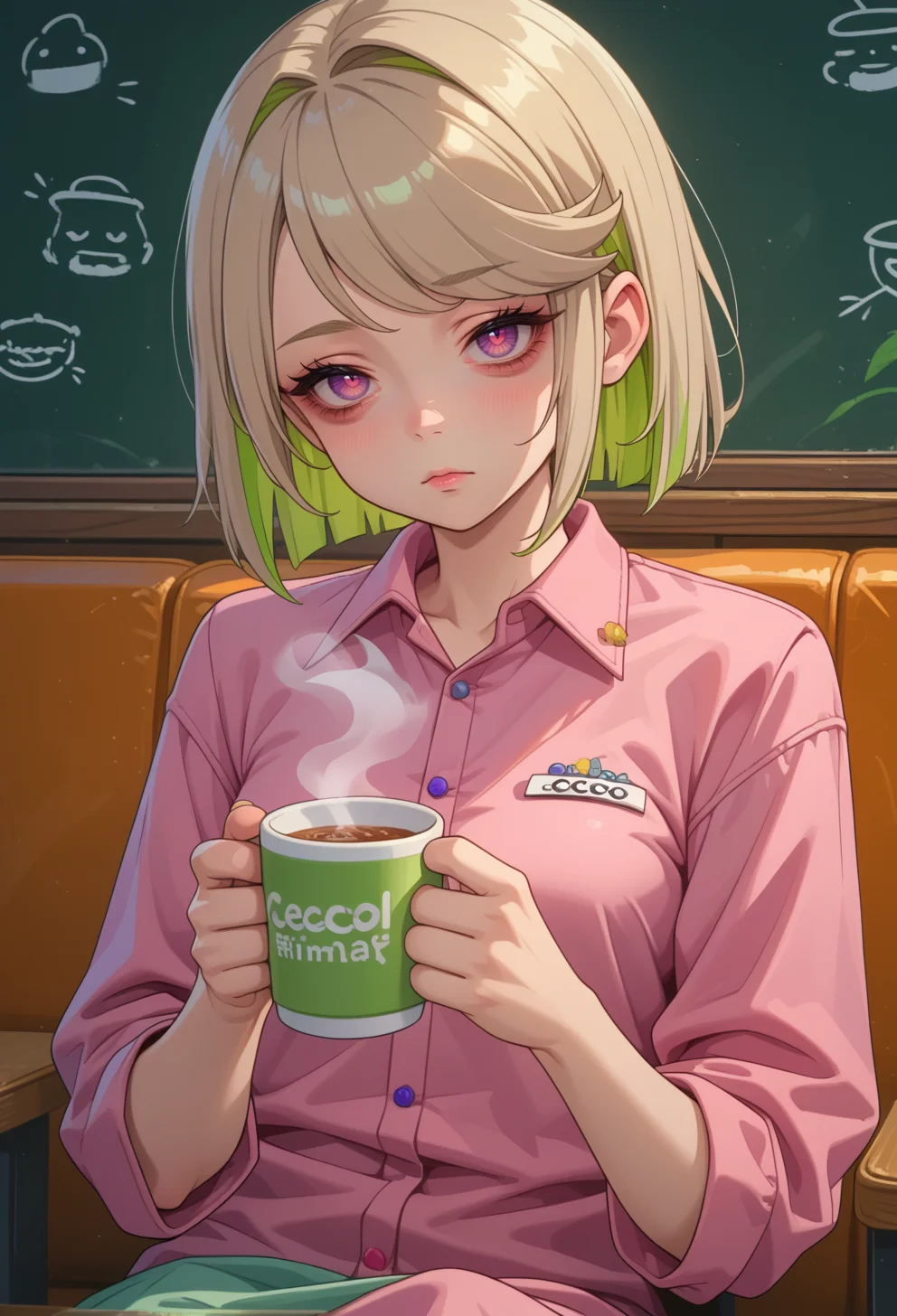 score_9, score_7_up, source_anime, BREAK solo, <lora:AECoco:0.7> AECoco, pink eyes, purple eyes, multicolored hair, blonde hair, green hair, swept bangs, bags under eyes, holding cup, steam, sitting, hands up,