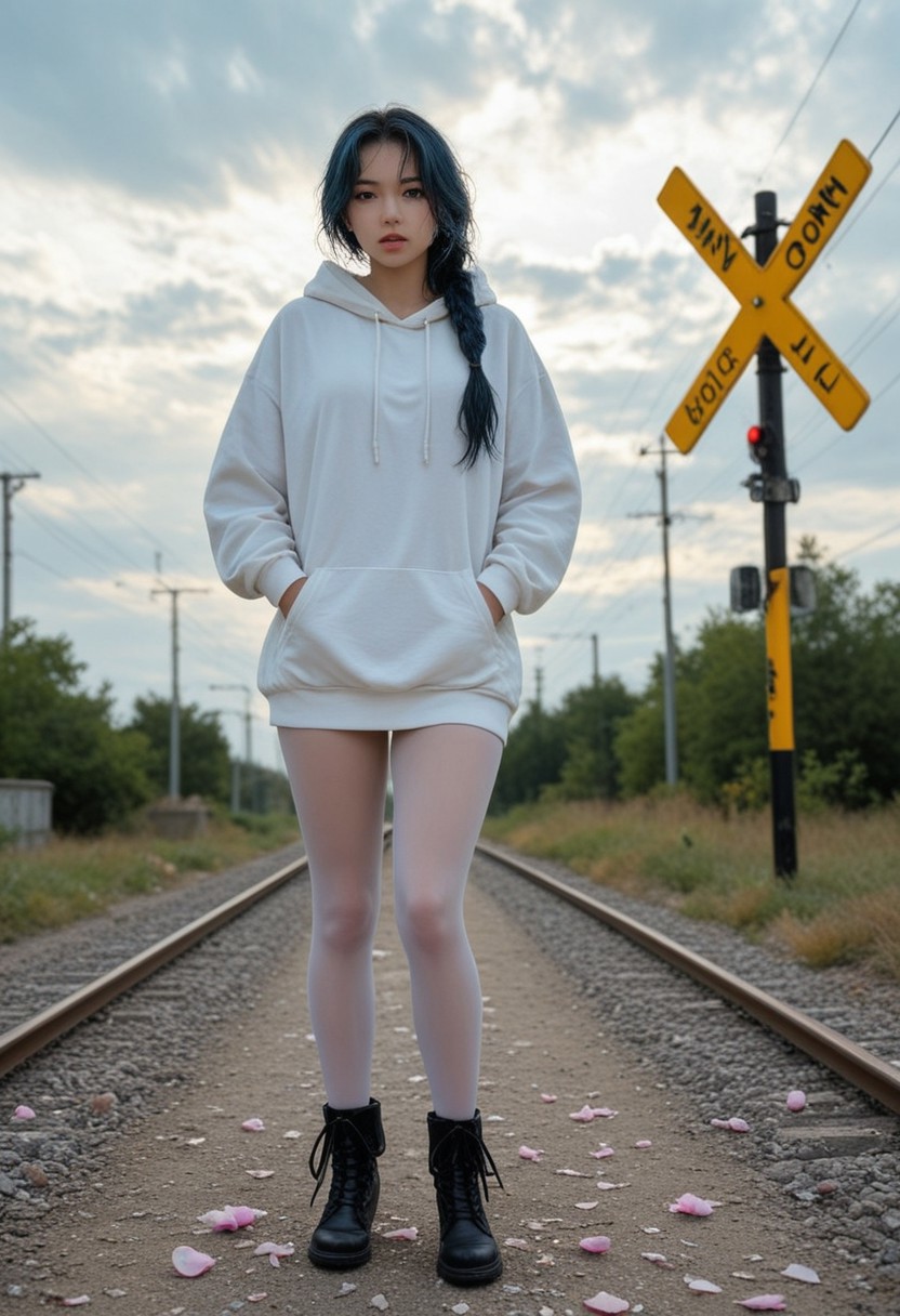 DSLR-style, elegant 26-year-old Korean model, dark eyes, extremely milky white skin with porcelain glow, smooth and luminous, flawless soft matte finish with light reflecting quality, Korean idol skin tone, subtle gradient from center to jawline, extremely pale white skin, parted lips, masterpiece, ultra high-resolution  
, black hair, shiny skin, wet skin, eye contact, tilted angle, moody lighting, flouting, suggestive pose, 
narrow waist, wide hips, (messy_hair:1.0),
masterpiece, newest,absurdres,incrediblvy absurdres, best quality, amazing quality, very aesthetic,realistic, western comics \(style\), 
1girl, railroad crossing, overgrown tracks, rusted metal, broken windows, moody sky, scattered petals, oversized hoodie, pantyhose, ankle boots, standing with one hand in pocket, blue hair, long floating hair, single braid, serious, light rays, colorful, road, dutch angle, clouds,
 <lora:Face_Enhancer_Illustrious:0.3>