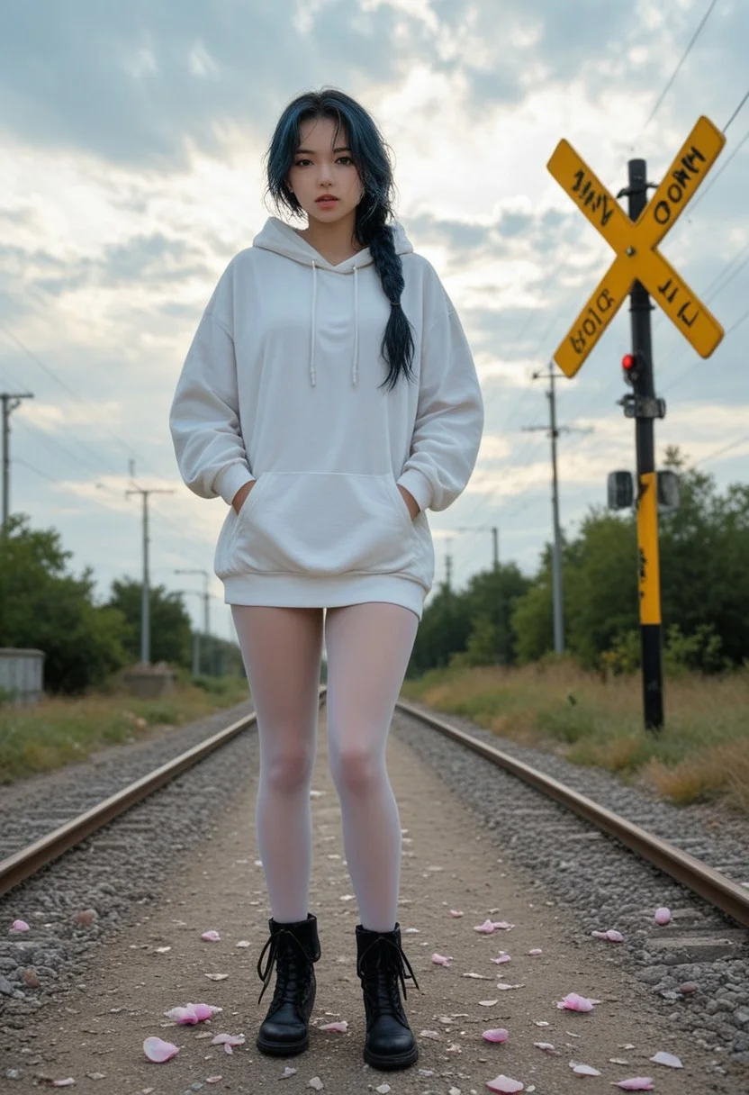 DSLR-style, elegant 26-year-old Korean model, dark eyes, extremely milky white skin with porcelain glow, smooth and luminous, flawless soft matte finish with light reflecting quality, Korean idol skin tone, subtle gradient from center to jawline, extremely pale white skin, parted lips, masterpiece, ultra high-resolution
, black hair, shiny skin, wet skin, eye contact, tilted angle, moody lighting, flouting, suggestive pose,
narrow waist, wide hips, (messy_hair:1.0),
masterpiece, newest,absurdres,incrediblvy absurdres, best quality, amazing quality, very aesthetic,realistic, western comics \(style\),
1girl, railroad crossing, overgrown tracks, rusted metal, broken windows, moody sky, scattered petals, oversized hoodie, pantyhose, ankle boots, standing with one hand in pocket, blue hair, long floating hair, single braid, serious, light rays, colorful, road, dutch angle, clouds,
<lora:Face_Enhancer_Illustrious:0.3>