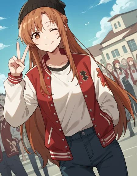 score_9, score_8_up, score_7_up, source_anime, asunayuuki, <lora:asuna-yuuki-s1-ponyxl-lora-nochekaiser:1>, asuna yuuki, long hair, brown hair, brown eyes, medium breasts,, <lora:letterman-jacket-ponyxl-lora-nochekaiser:1>, letterman jacket, jacket,, outdoors, crowd, people, v, v over eye, one eye closed, tongue out, smile, beanie, pants, open clothes, open jacket,, cowboy shot, solo, looking at viewer, dutch angle,