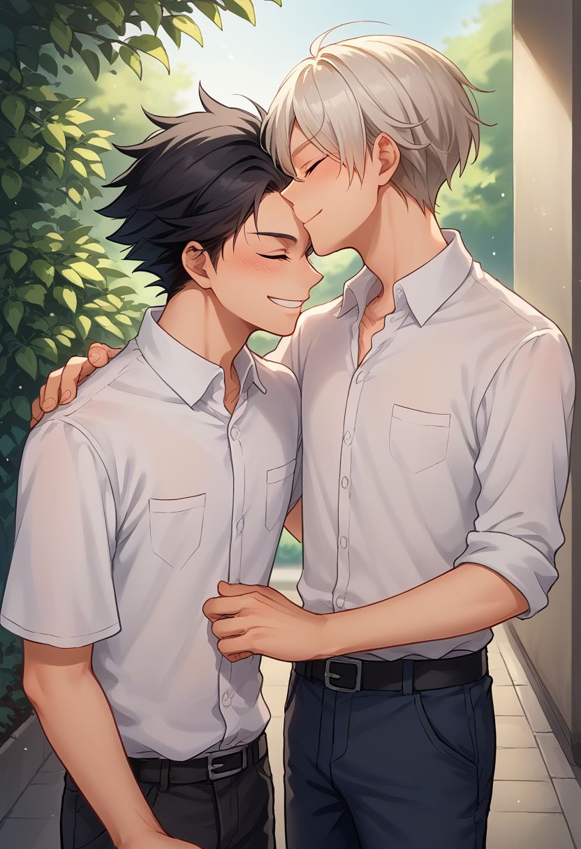 score_9, score_8_up, source_anime, highly detailed, 
kissing forehead, multiple boys, 2boys, male focus, closed eyes, white hair, smile, yaoi, shirt, school uniform, pants, skinny, blonde hair, black hair,
outdoor,