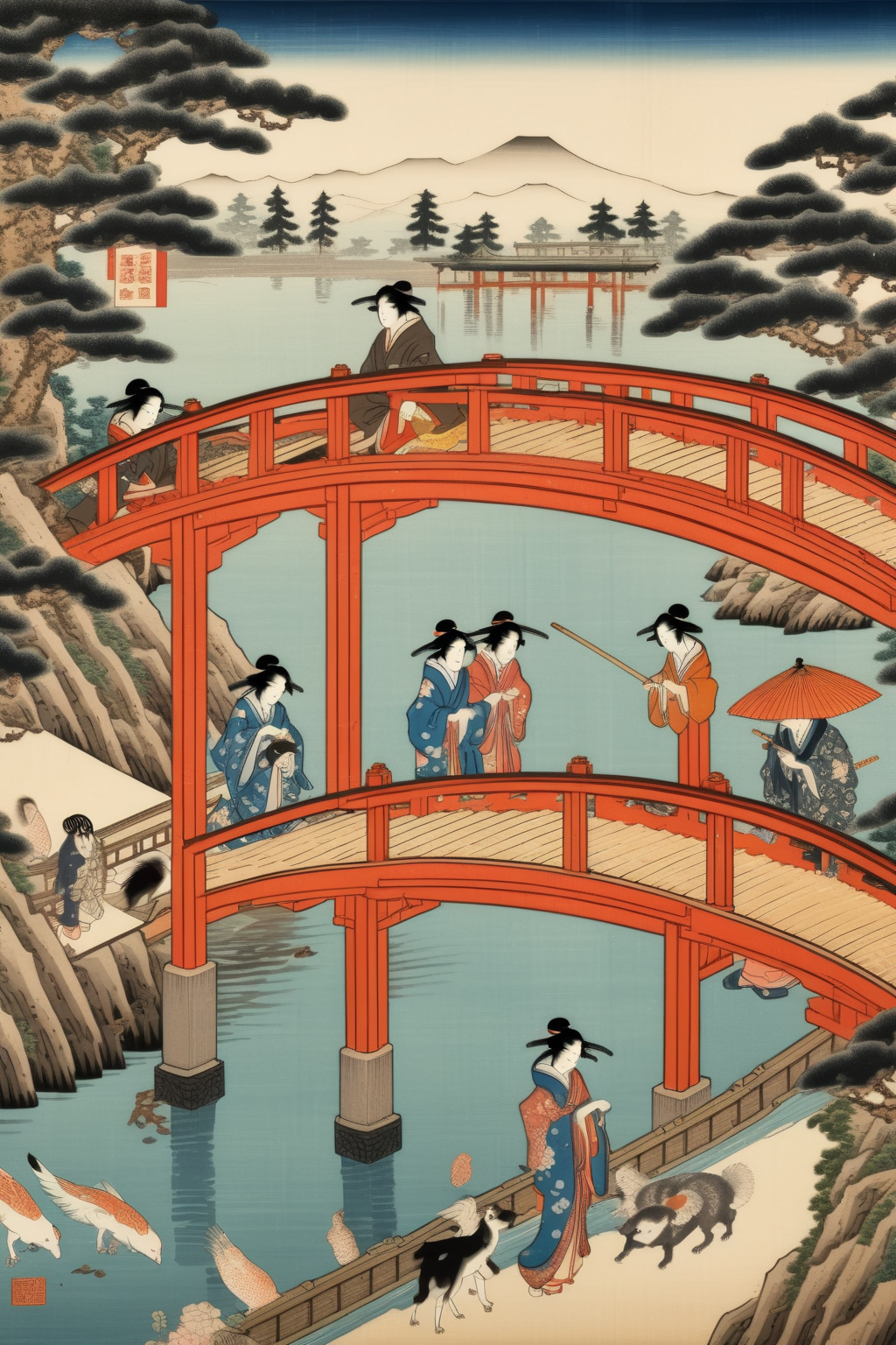 <lora:Ukiyo-e Art:1>Ukiyo-e Art - ukiyo-e Japanese isometric woodblock painting of a bridge over a lake with tatami and screens with women and animals