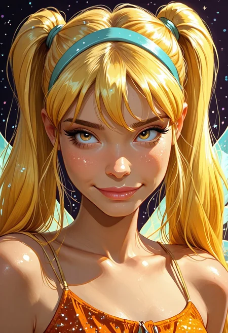 Portrait shot, close up, Expressiveh,
score_9, score_8_up, score_7_up, realistic,
solo, 1girl, st3lla, blonde hair, hairband, wings, glitter, orange shorts, croptop, twintails,
masterpiece, best quality, absurdres, shy smile, action pose,