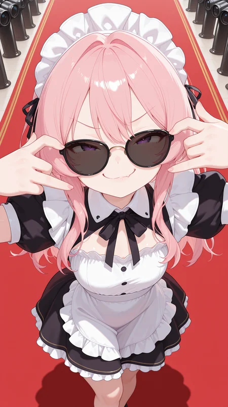 1girl, smug expression, oversized sunglasses, striking a pose, paparazzi flashing cameras, red carpet event masterpiece, best quality, amazing quality, very aesthetic, absurdres, detailed eyes, newest, <lora:CivChan:1>, CivChan, purple eyes, pink hair,
