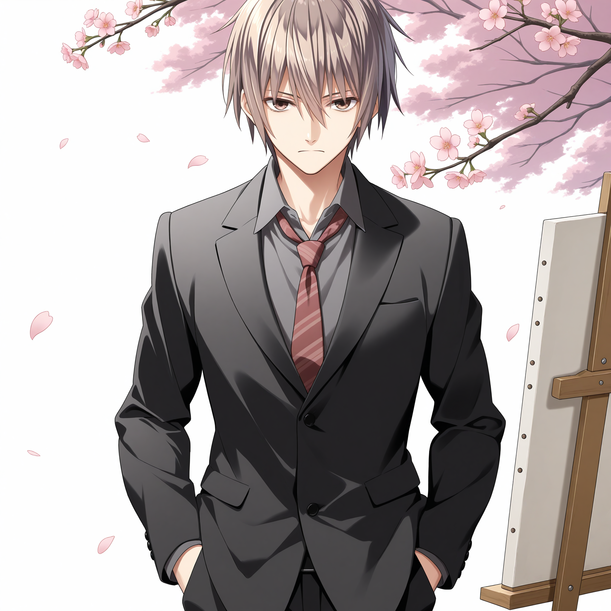 <lora:Kusanagi_Naoya_1_nai-000032:1>,Kusanagi Naoya,adult,
formal,suit,red necktie,striped necktie,black jacket,long sleeves,collared shirt,grey shirt,
BREAK
1boy,solo,standing,looking at viewer,front view,straight-on,hands in pockets,serious,simple background,white background,closed mouth,cherry blossoms,petals,falling petals,easel,canvas \(object\),