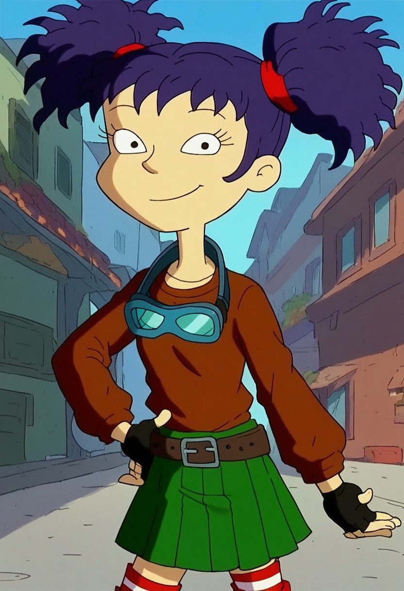 score_9, score_8_up, score_7_up, courtyard, extremely detailed, Ki_mi2, purple hair, twin tails, 1girl, solo, goggles around neck, multicolered shirt, brown shirt with yellow long sleeves, fingerless gloves, green short skirt, bare knees, striped thigh high socks, dark red boots, standing, looking at viewer, hand on hip, smiling,