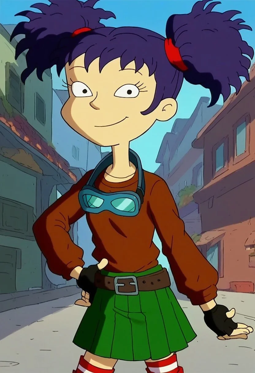 score_9, score_8_up, score_7_up, courtyard, extremely detailed, Ki_mi2, purple hair, twin tails, 1girl, solo, goggles around neck, multicolered shirt, brown shirt with yellow long sleeves, fingerless gloves, green short skirt, bare knees, striped thigh high socks, dark red boots, standing, looking at viewer, hand on hip, smiling,