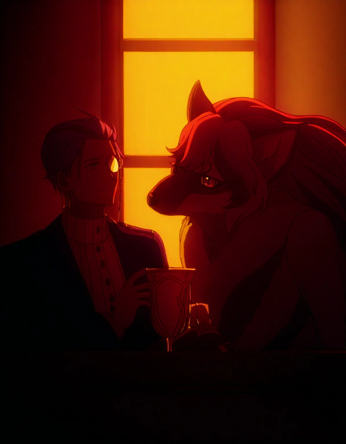 duo side by side, portrait of (beautiful) anthro fox caterina-sue with detailed eyes sitting in cafe behind table with human (edward-chi) in blue blazer and monocle, (larger female:1.4), warm lighting, orange tint, ornate cup, melancholy <lora:caterina:1>