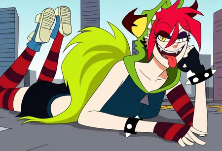 demencia, red hair, green ponytail, striped thighhighs, single striped sock, anklet, green monster hood, yellow eyes, sharp teeth, dark blue hoodie, single striped sleeve, red sneaker, blue sneaker, black skirt, smile, eyeshadow, spiked bracelet, zipper pull tab, torn pantyhose, glove, tongue out, Pov-giantess (macrogts:1.1) (laying on a city (prone) at sunset:1.1), the buildings underneath her body are crushed,