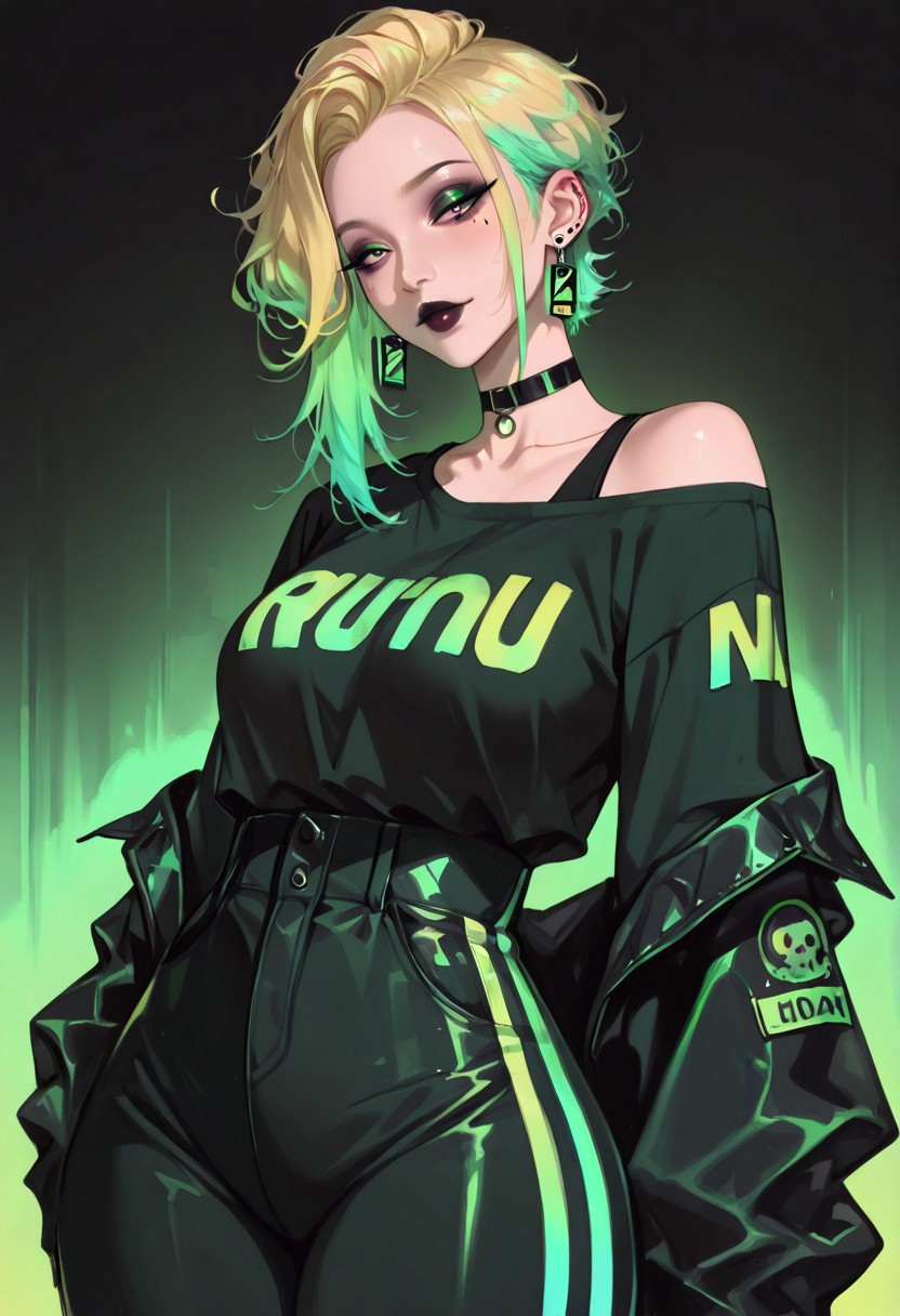 artist:moriimee, illustration, masterpiece, best quality, very aesthetic, absurdres, (ultra realistic),
busty (mature), 
pixie hair, long bangs, sidelocks,
two-tone hair, yellow hair, green hair,
high waist pants, off shoulder top, casual,
choker, earrings, dark makeup, 
neon color palette,