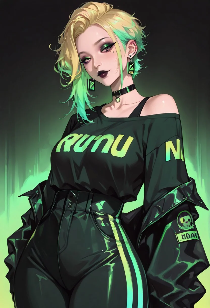 artist:moriimee, illustration, masterpiece, best quality, very aesthetic, absurdres, (ultra realistic),
busty (mature),
pixie hair, long bangs, sidelocks,
two-tone hair, yellow hair, green hair,
high waist pants, off shoulder top, casual,
choker, earrings, dark makeup,
neon color palette,