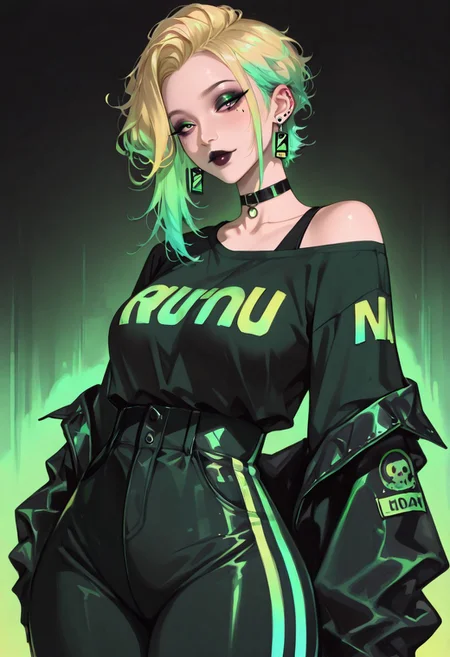 artist:moriimee, illustration, masterpiece, best quality, very aesthetic, absurdres, (ultra realistic),
busty (mature), 
pixie hair, long bangs, sidelocks,
two-tone hair, yellow hair, green hair,
high waist pants, off shoulder top, casual,
choker, earrings, dark makeup, 
neon color palette,