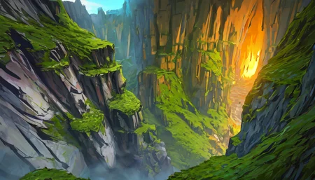 Conceptart,Concept Art,SamWho,mksks style, green moss, species, overlooking chasm, volcano