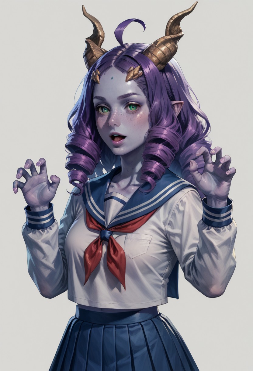score_9,score_8_up,score_7_up,score_6_up,ULTBG3, blue skin,  horns, ahoge, green eyes, purple hair, blue sailor collar, blue skirt, drill hair, ghost pose, hitodama, neckerchief, official alternate costume, official alternate hairstyle, open mouth, pleated skirt, red neckerchief, sailor collar, school uniform, serafuku, simple background, skirt, solo, twin drills, white background