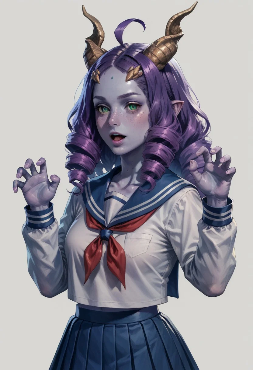 score_9,score_8_up,score_7_up,score_6_up,ULTBG3, blue skin,  horns, ahoge, green eyes, purple hair, blue sailor collar, blue skirt, drill hair, ghost pose, hitodama, neckerchief, official alternate costume, official alternate hairstyle, open mouth, pleated skirt, red neckerchief, sailor collar, school uniform, serafuku, simple background, skirt, solo, twin drills, white background