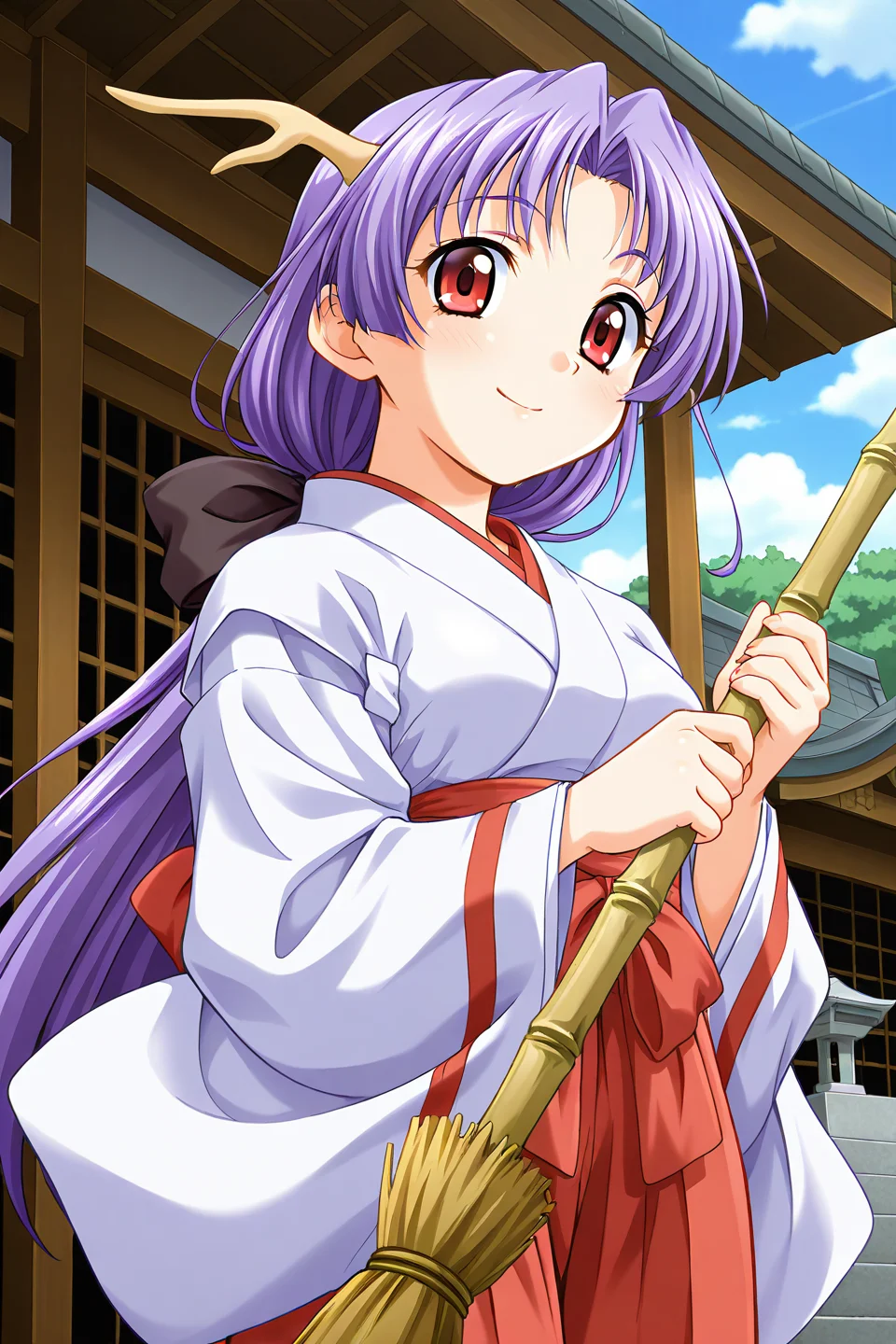 masterpiece, best quality, absurdres, official art, official style, general BREAK <lora:shizuna-torakapu_IL_v1-1:0.7>, shizuna, 1girl, solo, red eyes, purple hair, very long hair, parted bangs, hair intakes, medium breasts, large breasts, dragon girl, dragon horns, low ponytail, black bow, hair bow, japanese clothes, white kimono, long sleeves, wide sleeves, red hakama, hakama skirt, smile, blush, shrine, holding broom, looking at viewer, sidelocks, from below