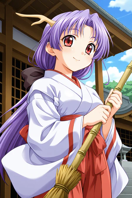 masterpiece, best quality, absurdres, official art, official style, general BREAK <lora:shizuna-torakapu_IL_v1-1:0.7>, shizuna, 1girl, solo, red eyes, purple hair, very long hair, parted bangs, hair intakes, medium breasts, large breasts, dragon girl, dragon horns, low ponytail, black bow, hair bow, japanese clothes, white kimono, long sleeves, wide sleeves, red hakama, hakama skirt, smile, blush, shrine, holding broom, looking at viewer, sidelocks, from below