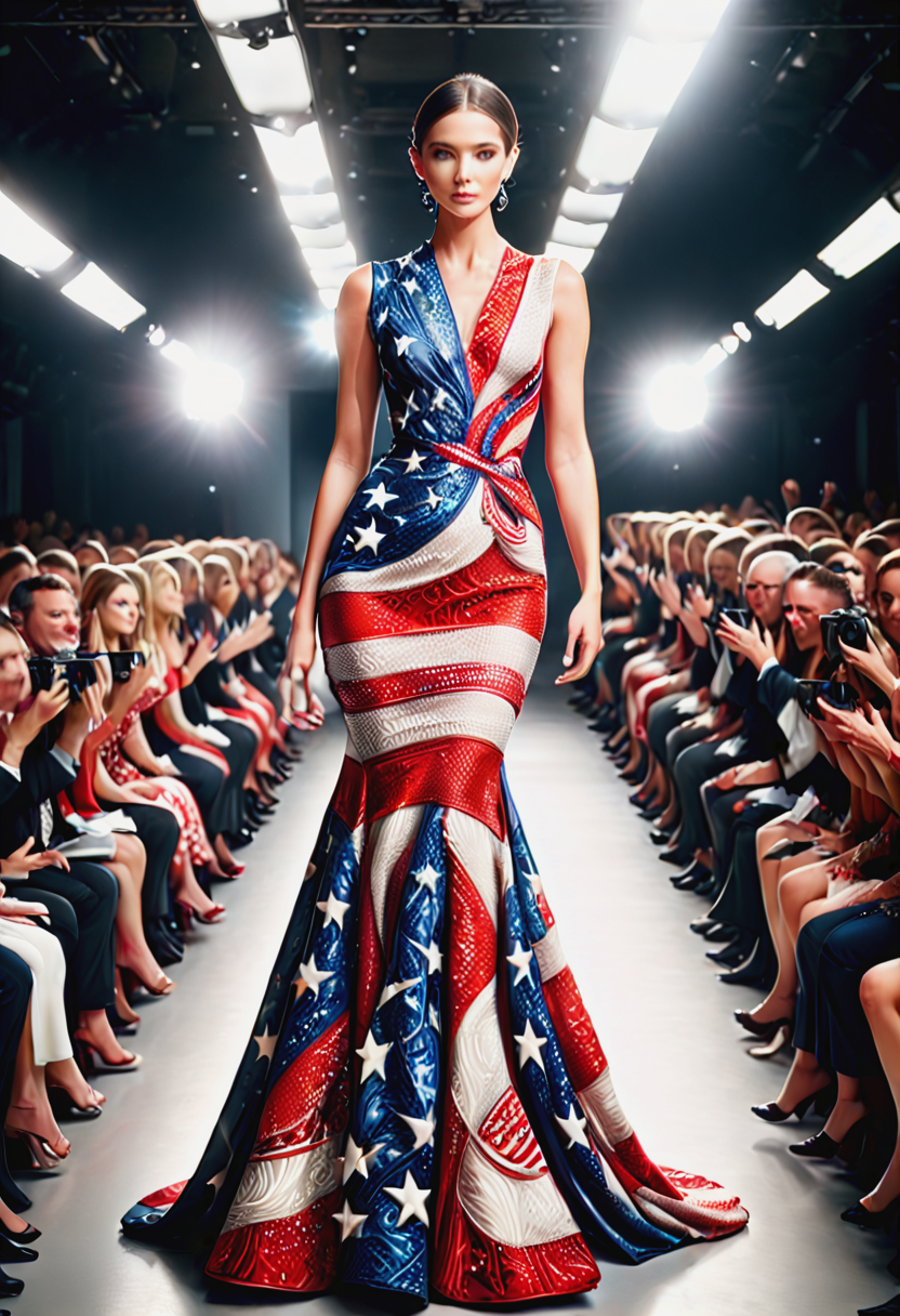 PG-USA,Elegant, high-end fashion dress with bold, contrasting patterns, modeled on a runway amidst flashing cameras and an applauding audience  