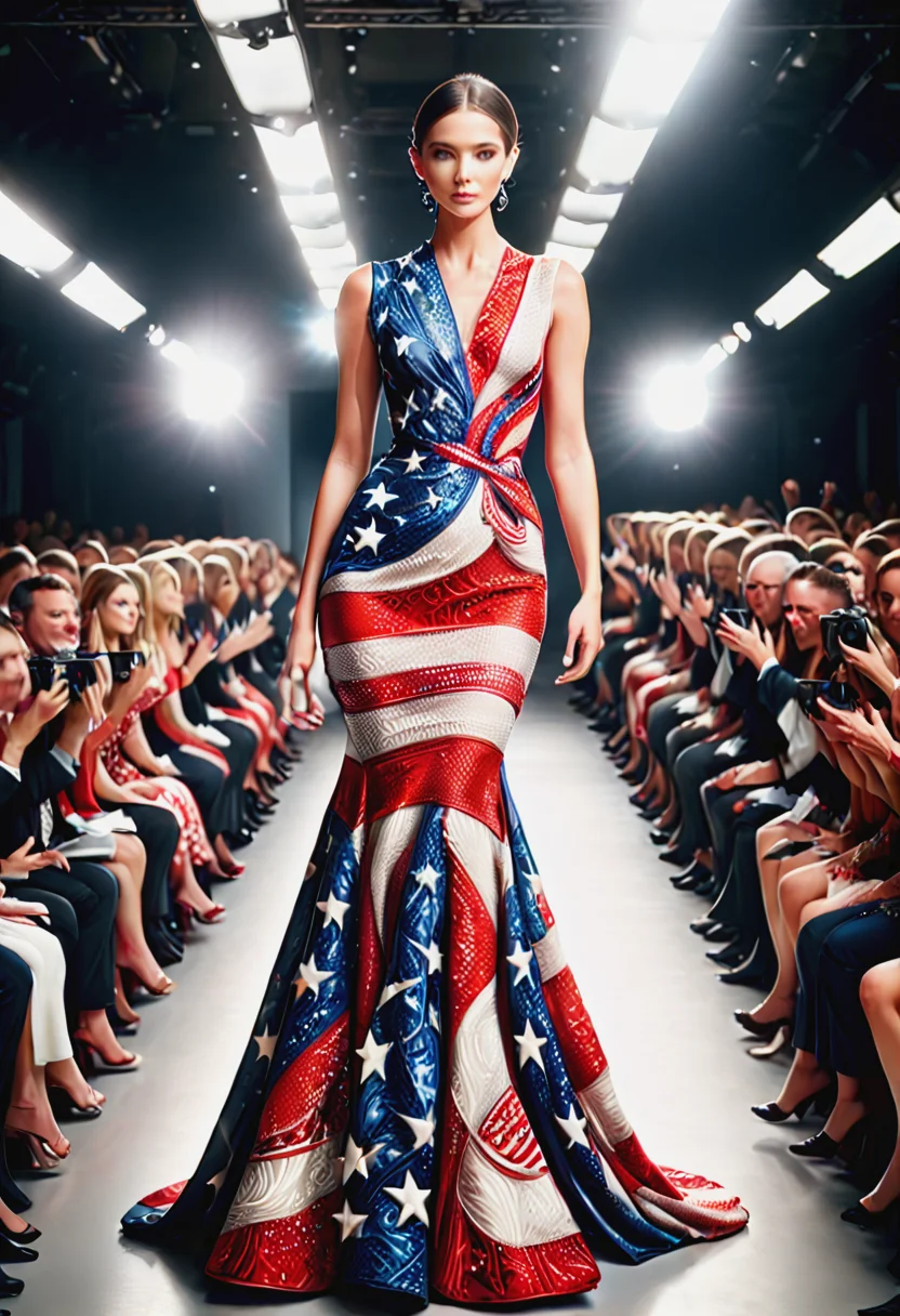 PG-USA,Elegant, high-end fashion dress with bold, contrasting patterns, modeled on a runway amidst flashing cameras and an applauding audience